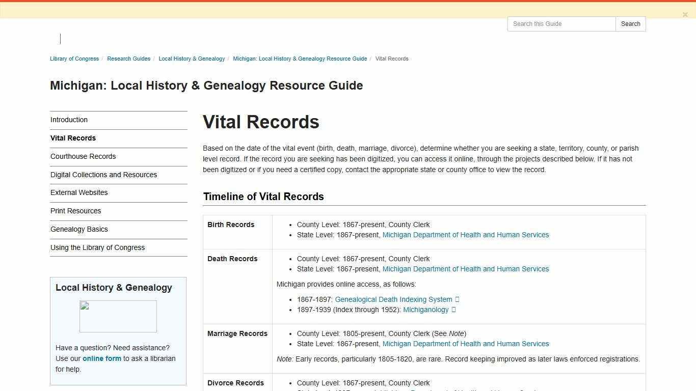 Vital Records - Michigan: Local History & Genealogy Resource Guide - Research Guides at Library of Congress